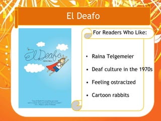 El Deafo
For Readers Who Like:
• Raina Telgemeier
• Deaf culture in the 1970s
• Feeling ostracized
• Cartoon rabbits
 