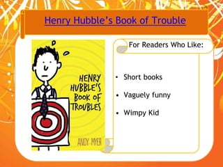 Henry Hubble’s Book of Trouble
For Readers Who Like:
• Short books
• Vaguely funny
• Wimpy Kid
 