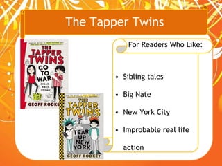 The Tapper Twins
For Readers Who Like:
• Sibling tales
• Big Nate
• New York City
• Improbable real life
action
 