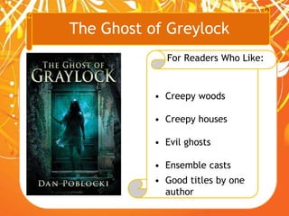 The Ghost of Greylock
For Readers Who Like:
• Creepy woods
• Creepy houses
• Evil ghosts
• Ensemble casts
• Good titles by one
author
 