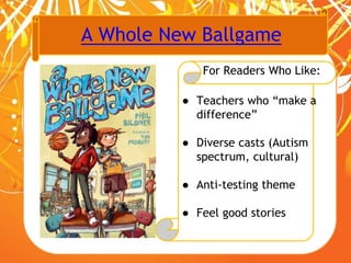 A Whole New Ballgame
For Readers Who Like:
● Teachers who “make a
difference”
● Diverse casts (Autism
spectrum, cultural)
● Anti-testing theme
● Feel good stories
 
