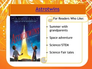 Astrotwins
For Readers Who Like:
• Summer with
grandparents
• Space adventure
• Science/STEM
• Science Fair tales
 