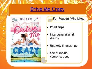 Drive Me Crazy
For Readers Who Like:
• Road trips
• Intergenerational
drama
• Unlikely friendships
• Social media
complications
 