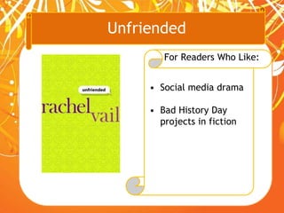 Unfriended
For Readers Who Like:
• Social media drama
• Bad History Day
projects in fiction
 
