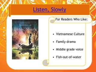 Listen, Slowly
For Readers Who Like:
• Vietnamese Culture
• Family drama
• Middle grade voice
• Fish-out-of-water
 