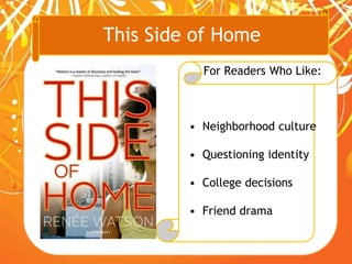 This Side of Home
For Readers Who Like:
• Neighborhood culture
• Questioning identity
• College decisions
• Friend drama
 