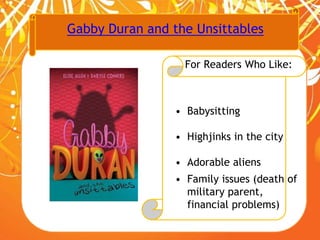 Gabby Duran and the Unsittables
For Readers Who Like:
• Babysitting
• Highjinks in the city
• Adorable aliens
• Family issues (death of
military parent,
financial problems)
 