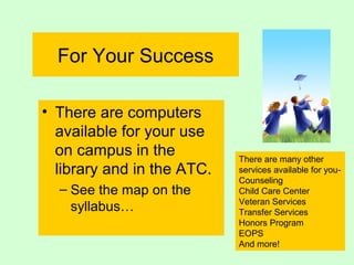 For Your Success
• There are computers
available for your use
on campus in the
library and in the ATC.
– See the map on the
syllabus…
There are many other
services available for you-
Counseling
Child Care Center
Veteran Services
Transfer Services
Honors Program
EOPS
And more!
 
