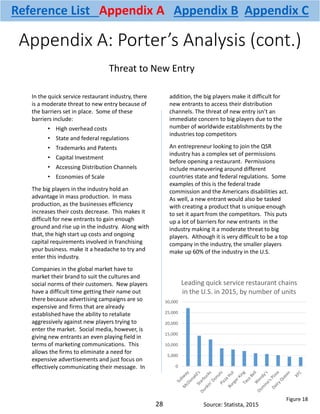 Appendix A: Porter’s Analysis (cont.)
In the quick service restaurant industry, there
is a moderate threat to new entry because of
the barriers set in place. Some of these
barriers include:
• High overhead costs
• State and federal regulations
• Trademarks and Patents
• Capital Investment
• Accessing Distribution Channels
• Economies of Scale
The big players in the industry hold an
advantage in mass production. In mass
production, as the businesses efficiency
increases their costs decrease. This makes it
difficult for new entrants to gain enough
ground and rise up in the industry. Along with
that, the high start up costs and ongoing
capital requirements involved in franchising
your business. make it a headache to try and
enter this industry.
Companies in the global market have to
market their brand to suit the cultures and
social norms of their customers. New players
have a difficult time getting their name out
there because advertising campaigns are so
expensive and firms that are already
established have the ability to retaliate
aggressively against new players trying to
enter the market. Social media, however, is
giving new entrants an even playing field in
terms of marketing communications. This
allows the firms to eliminate a need for
expensive advertisements and just focus on
effectively communicating their message. In
addition, the big players make it difficult for
new entrants to access their distribution
channels. The threat of new entry isn’t an
immediate concern to big players due to the
number of worldwide establishments by the
industries top competitors
An entrepreneur looking to join the QSR
industry has a complex set of permissions
before opening a restaurant. Permissions
include maneuvering around different
countries state and federal regulations. Some
examples of this is the federal trade
commission and the Americans disabilities act.
As well, a new entrant would also be tasked
with creating a product that is unique enough
to set it apart from the competitors. This puts
up a lot of barriers for new entrants in the
industry making it a moderate threat to big
players. Although it is very difficult to be a top
company in the industry, the smaller players
make up 60% of the industry in the U.S.
Threat to New Entry
0
5,000
10,000
15,000
20,000
25,000
30,000
Leading quick service restaurant chains
in the U.S. in 2015, by number of units
28
Figure 18
Reference List Appendix A Appendix B Appendix C
Source: Statista, 2015
 