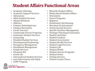 Student Affairs Functional Areas
 Academic Advising
 Academic Support Services
 Admissions
 Adult Student Services
 Alumni Relations
 Athletics
 Campus Ombudsperson
 Campus Recreation
 Career Services
 Community Service Programs
 Commuter Student Services
 Counseling
 Disabled Student Services
 Development/Fundraising
 Emergency Management
 Enrollment Management
 Family Services
 Financial Aid
 Greek Life
 International Student Services
 Law Enforcement and Safety
 LGBT Program
 Minority Student Affairs
 Multicultural Student Affairs
 Orientation
 Parent Programs
 Registrar
 Residential Life/Housing
 Retention & Assessment
 Sexual Assault Services
 Specific Facilities Management
 Strategic Planning & Innovation
 Student Activities
 Student Conduct
 Student Government
 Student Health Services
 Student Legal Services
 Student Life
 Student Media
 Student Success Programs
 Student Union
 Testing Services
 Visitors Center/Tours
16
 