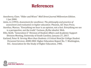 References
Annsberry, Clare. “Older and Wiser.” Wall Street Journal Millennium Edition.
1 Jan 2000.
Astin, A. (1993). Assessment for excellence: The philosophy and practice of
assessment and evaluation in higher education. Phoenix, AZ: Oryx Press.
Aurelius, Marcus. “Everything we hear is an opinion, not a fact. Everything we see
is a perspective, not the truth.” Cartoon. fb/the idealist: Web.
Ellis, Keith. “Generation Z.” Division of Student Affairs and Academic Support
Division Meeting, University of South Carolina. January 27, 2017.
Garland, Peter H. Serving More than Students: A Critical Need for College Student
Personnel Services. ASHE-ERIC Higher Education Report No. 7. Washington,
D.C.: Association for the Study of Higher Education, 1985.
85
 