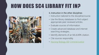 HOW DOES SC4 LIBRARY FIT IN?
IL Instruction in the other disciplines
• Instruction tailored to the discipline/course.
• Us...