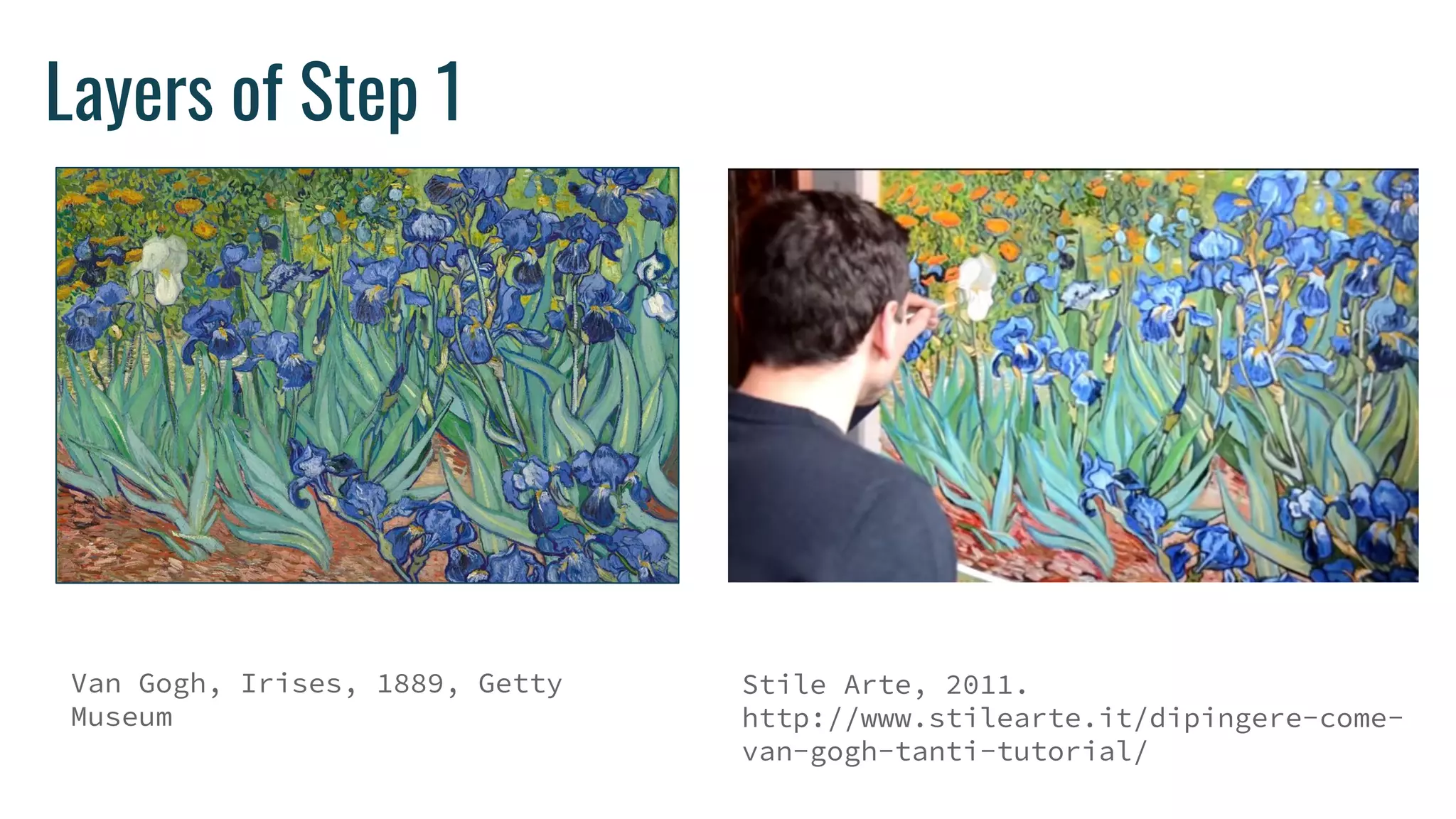 Layers of Step 1
Van Gogh, Irises, 1889, Getty
Museum
Stile Arte, 2011.
http://www.stilearte.it/dipingere-come-
van-gogh-tanti-tutorial/
 