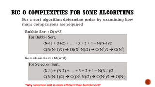 BIG O COMPLEXITIES FOR SOME ALGORITHMS
For a sort algorithm determine order by examining how
many comparisons are required
Bubble Sort : O(n^2)
Selection Sort : O(n^2)
*Why selection sort is more efficient than bubble sort?
 
