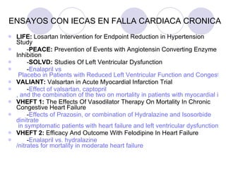 ENSAYOS CON IECAS EN FALLA CARDIACA CRONICA LIFE:  Losartan Intervention for Endpoint Reduction in Hypertension Study         - PEACE:  Prevention of Events with Angiotensin Converting Enzyme Inhibition         - SOLVD:  Studies Of Left Ventricular Dysfunction        - Enalapril   vs  Placebo in Patients with Reduced Left Ventricular Function and Congestive Heart Failure when Added to ACE Inhibitors VALIANT:  Valsartan in Acute Myocardial Infarction Trial        - Effect of  valsartan ,  captopril , and the combination of the two on mortality in patients with myocardial infarction complicated by left ventricular systolic dysfunction, heart failure, or both VHEFT 1:  The Effects Of Vasodilator Therapy On Mortality In Chronic Congestive Heart Failure        - Effects of  Prazosin , or combination of  Hydralazine  and  Isosorbide   dinitrate  in symptomatic patients with heart failure and left ventricular dysfunction on digitalis and diuretics VHEFT 2:  Efficacy And Outcome With Felodipine In Heart Failure        - Enalapril  vs.  hydralazine /nitrates for mortality in moderate heart failure 