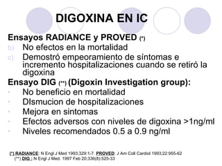 DIGOXINA EN IC Ensayos RADIANCE y PROVED  (*) No efectos en la mortalidad Demostró empeoramiento de síntomas e incremento hospitalizaciones cuando se retiró la digoxina Ensayo DIG  (**)  (Digoxin Investigation group): No beneficio en mortalidad DIsmucion de hospitalizaciones  Mejora en sintomas Efectos adversos con niveles de digoxina >1ng/ml Niveles recomendados 0.5 a 0.9 ng/ml (*) RADIANCE : N Engl J Med 1993;329:1-7.  PROVED : J Am Coll Cardiol 1993;22:955-62  (**)  DIG :  N Engl J Med. 1997 Feb 20;336(8):525-33 