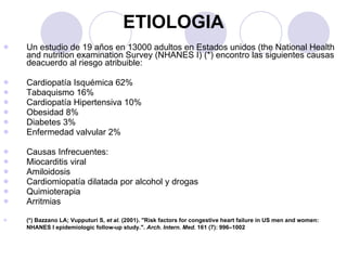ETIOLOGIA Un estudio de 19 años en 13000 adultos en Estados unidos (the National Health and nutrition examination Survey (NHANES I) (*) encontro las siguientes causas deacuerdo al riesgo atribuible: Cardiopatía Isquémica 62%  Tabaquismo 16%  Cardiopatía Hipertensiva 10%  Obesidad 8%  Diabetes 3%  Enfermedad valvular 2% Causas Infrecuentes: Miocarditis viral  Amiloidosis  Cardiomiopatía dilatada por alcohol y drogas  Quimioterapia  Arritmias (*) Bazzano LA; Vupputuri S,  et al.  (2001). "Risk factors for congestive heart failure in US men and women: NHANES I epidemiologic follow-up study.".  Arch. Intern. Med.  161 (7): 996–1002   