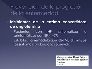  Inhibidores de la enzima convertidora
de angiotensina
› Pacientes con HF, sintomáticos o
asintomáticos con EF < 40%
› Estabiliza la remodelación del VI, disminuye
los síntomas, prolonga la sobrevida
 