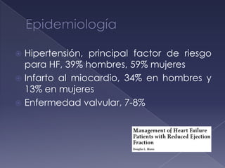  Hipertensión, principal factor de riesgo
para HF, 39% hombres, 59% mujeres
 Infarto al miocardio, 34% en hombres y
13% en mujeres
 Enfermedad valvular, 7-8%
 