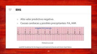 EKG
■ Alto valor predictivo negativo.
■ Causas cardiacas y posibles precipitantes: FA, IAM.
23
2016 ESC Guidelines for the diagnosis and treatment of acute and chronic heart failure.
Fibrilación auricular
 