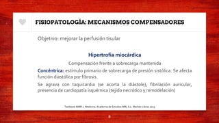 FISIOPATOLOGÍA: MECANISMOS COMPENSADORES
Objetivo: mejorar la perfusión tisular
Hipertrofia miocárdica
Compensación frente a sobrecarga mantenida
Concéntrica: estímulo primario de sobrecarga de presión sistólica. Se afecta
función diastólica por fibrosis.
Se agrava con taquicardia (se acorta la diástole), fibrilación auricular,
presencia de cardiopatía isquémica (tejido necrótico y remodelación)
8
Textbook AMIR 1. Medicina. Academia de Estudios MIR, S.L. Marbán Libros 2015.
 