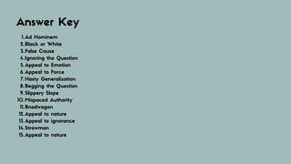 Answer Key
Ad Hominem
Black or White
False Cause
Ignoring the Question
Appeal to Emotion
Appeal to Force
Hasty Generalization
Begging the Question
Slippery Slope
Mispaced Authority
Bnadwagon
Appeal to nature
Appeal to ignorance
Strawman
Appeal to nature
1.
2.
3.
4.
5.
6.
7.
8.
9.
10.
11.
12.
13.
14.
15.
 