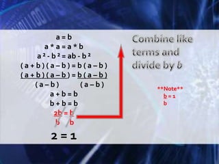 a = ba * a = a * ba ² - b ² = ab - b ²( a + b ) ( a – b ) = b ( a – b )( a + b ) ( a – b ) = b ( a – b )( a – b )             ( a – b )a + b = bb + b = b2b = b b      b2 = 1Combine like terms and divide by b        **Note**b = 1b