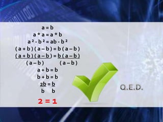 a = ba * a = a * ba ² - b ² = ab - b ²( a + b ) ( a – b ) = b ( a – b )( a + b ) ( a – b ) = b ( a – b )( a – b )             ( a – b )a + b = bb + b = b2b = b b      b2 = 1Q.E.D.