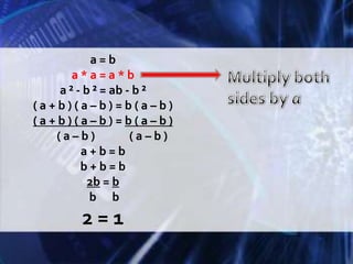 a = ba * a = a * ba ² - b ² = ab - b ²( a + b ) ( a – b ) = b ( a – b )( a + b ) ( a – b ) = b ( a – b )( a – b )             ( a – b )a + b = bb + b = b2b = b b      b2 = 1Multiply both sides by a