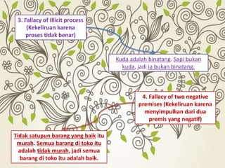 3. Fallacy of Illicit process
(Kekeliruan karena
proses tidak benar)
Kuda adalah binatang. Sapi bukan
kuda, jadi ia bukan binatang.
4. Fallacy of two negative
premises (Kekeliruan karena
menyimpulkan dari dua
premis yang negatif)
Tidak satupun barang yang baik itu
murah. Semua barang di toko itu
adalah tidak murah, jadi semua
barang di toko itu adalah baik.
 