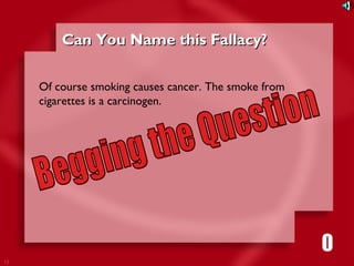 13 
CCaann YYoouu NNaammee tthhiiss FFaallllaaccyy?? 
Of course smoking causes cancer. The smoke from 
cigarettes is a carcinogen. 
1111116980534271053421 
 