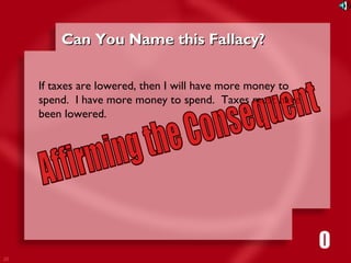 20 
CCaann YYoouu NNaammee tthhiiss FFaallllaaccyy?? 
If taxes are lowered, then I will have more money to 
spend. I have more money to spend. Taxes must have 
been lowered. 
1111116980534271053421 
 