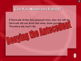 26 
CCaann YYoouu NNaammee tthhiiss FFaallllaaccyy?? 
If Gertrude drinks that poisoned wine, then she will die. 
Gertrude did not drink that wine, thank goodness! 
Therefore she won’t die. 
1111116980534271053421 
 