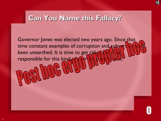 34 
CCaann YYoouu NNaammee tthhiiss FFaallllaaccyy?? 
Governor Jones was elected two years ago. Since that 
time constant examples of corruption and subversion have 
been unearthed. It is time to get rid of the man 
responsible for this kind of corrupt government. 
1111116980534271053421 
 
