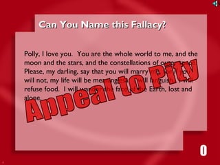 4 
CCaann YYoouu NNaammee tthhiiss FFaallllaaccyy?? 
Polly, I love you. You are the whole world to me, and the 
moon and the stars, and the constellations of outer space. 
Please, my darling, say that you will marry me, for if you 
will not, my life will be meaningless. I will languish. I will 
refuse food. I will wander the face of the Earth, lost and 
alone. 
1111116980534271053421 
 