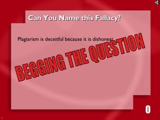 6 
CCaann YYoouu NNaammee tthhiiss FFaallllaaccyy?? 
Plagiarism is deceitful because it is dishonest. 
1111116980534271053421 
 