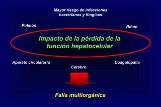 Impacto de la pérdida de la
función hepatocelular
Aparato circulatorio
Mayor riesgo de infecciones
bacterianas y fúngicas
Coagulopatía
Pulmón
Cerebro
Riñon
Falla multiorgánica
 