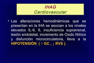 • Las alteraciones hemodinámicas que se
presentan en la IHA se asocian a los niveles
elevados IL-6, 8, insuficiencia suprarrenal,
lesión endotelial, incremento de Oxido Nítrico
y disfunción microcirculatoria, lleva a la
HIPOTENSIÓN ( ↑ GC , ↓ RVS ).
IHAG
Cardiovascular
 