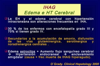  La EH y el edema cerebral con hipertensión
intracraneana son alteraciones frecuentes en IHA.
 30 % de los enfermos con encefalopatía grado III y
70% si tienen grado IV.
 Secundarios a la acumulación de amonio, disfunsión
de las vías glutaminergica, serotinergica y
noradrenergica centrales .
 Edema astrocitos + Aumento flujo sanguíneo cerebral
 Hipertensión endocraneal  enclavamiento
amigdalar (causa + frec muerte de IHAG hiperagudo).
O´Grady. Clinical Hepatology 2000
IHAG
Edema e HT Cerebral
 