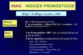 • pH < 7.30 (independiente de EH) ó
• Tº de protrombina > 100seg (INR 6.5) y creatinina > 3.4
mg/dl (con EH grado III-IV )
• T de Protrombina >100’’ (INR >6.5) independiente del
grado de EH) ó
• 3 de los siguientes (independiente del grado de EH):
– edad <10 ó >40 años
– causa indeterminada ó tóxica
– ictericia-encefalopatía > 7d
– T de Protrombina > 50 seg (INR≥ 3.5)
– Bilirrubina > 17.5 mg/dl
IHA por
Paracetamol
Otras
causas
King´s College, Londres, 1989
IHAG. INDICES PRONÓSTICOS
 