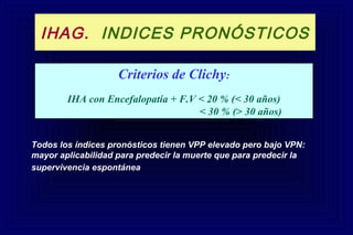 Criterios de Clichy:
IHA con Encefalopatía + F.V < 20 % (< 30 años)
< 30 % (> 30 años)
IHAG. INDICES PRONÓSTICOS
Todos los índices pronósticos tienen VPP elevado pero bajo VPN:
mayor aplicabilidad para predecir la muerte que para predecir la
supervivencia espontánea
 