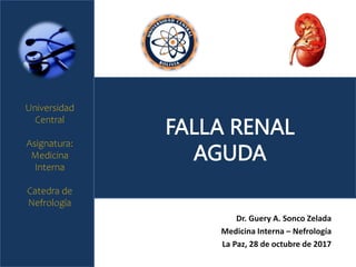 FALLA RENAL
AGUDA
Dr. Guery A. Sonco Zelada
Medicina Interna – Nefrología
La Paz, 28 de octubre de 2017
Universidad
Central
Asignatura:
Medicina
Interna
Catedra de
Nefrología
 
