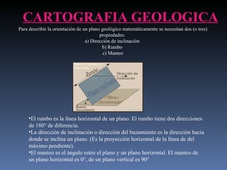 CARTOGRAFIA GEOLOGICA Para describir la orientación de un plano geológico matemáticamente se necesitan dos (o tres) propiedades:  a) Dirección de inclinación  b) Rumbo  c) Manteo El rumbo es la línea horizontal de un plano. El rumbo tiene dos direcciones de 180° de diferencia.  La dirección de inclinación o dirección del buzamiento es la dirección hacia donde se inclina un plano. (Es la proyección horizontal de la línea de del máximo pendiente).  El manteo es el ángulo entre el plano y un plano horizontal. El manteo de un plano horizontal es 0°, de un plano vertical es 90°   