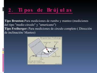2. Tipos de Brújulas   Tipo Brunton: Para mediciones de rumbo y manteo (mediciones del tipo "medio circulo" y "americano") Tipo Freiberger:  Para mediciones de circulo completo ( Dirección de inclinación/ Manteo) 
