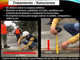 Tratamiento - Soluciones
 Se deberá retirar la carpeta asfáltica.
 Remover el terreno, estabilizar el suelo, combinar con
material de prestamos y compactar la nueva base.
 Se imprima el área para luego colocar el asfalto, compactar y
sellar la vía.
FUENTE PROPIA: AV. CENTRAL CON INTERSECCIÓN SECTOR II – DISTRITO LOS OLIVOS
h=5 cm
L= 110cm
 