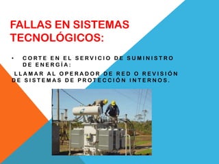 FALLAS EN SISTEMAS
TECNOLÓGICOS:
•   CORTE EN EL SERVICIO DE SUMINISTRO
    DE ENERGÍA:
LLAMAR AL OPERADOR DE RED O REVISIÓN
DE SISTEMAS DE PROTECCIÓN INTERNOS.
 