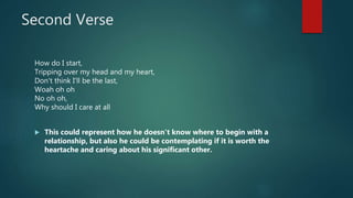 Second Verse
How do I start,
Tripping over my head and my heart,
Don't think I'll be the last,
Woah oh oh
No oh oh,
Why sh...
