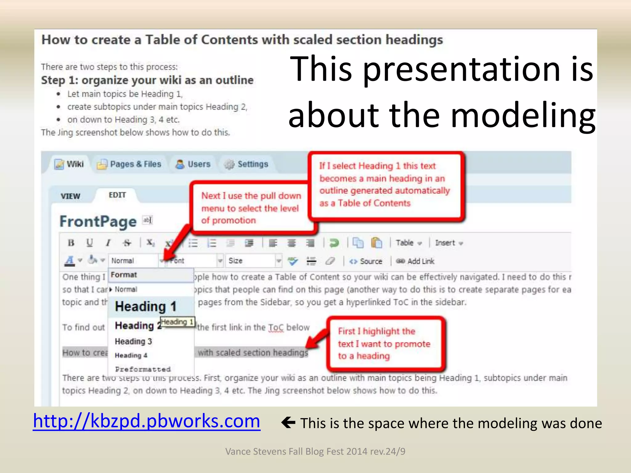 http://kbzpd.pbworks.com 
This presentation is 
about the modeling 
 This is the space where the modeling was done 
Vance Stevens Fall Blog Fest 2014 rev.24/9 
 