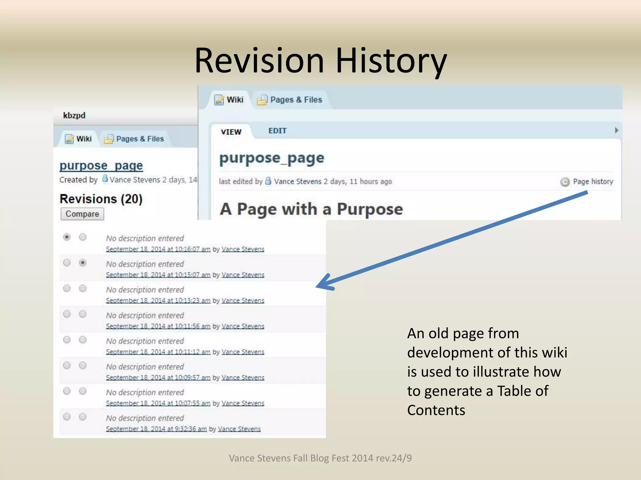 Revision History 
An old page from 
development of this wiki 
is used to illustrate how 
to generate a Table of 
Contents 
Vance Stevens Fall Blog Fest 2014 rev.24/9 
 