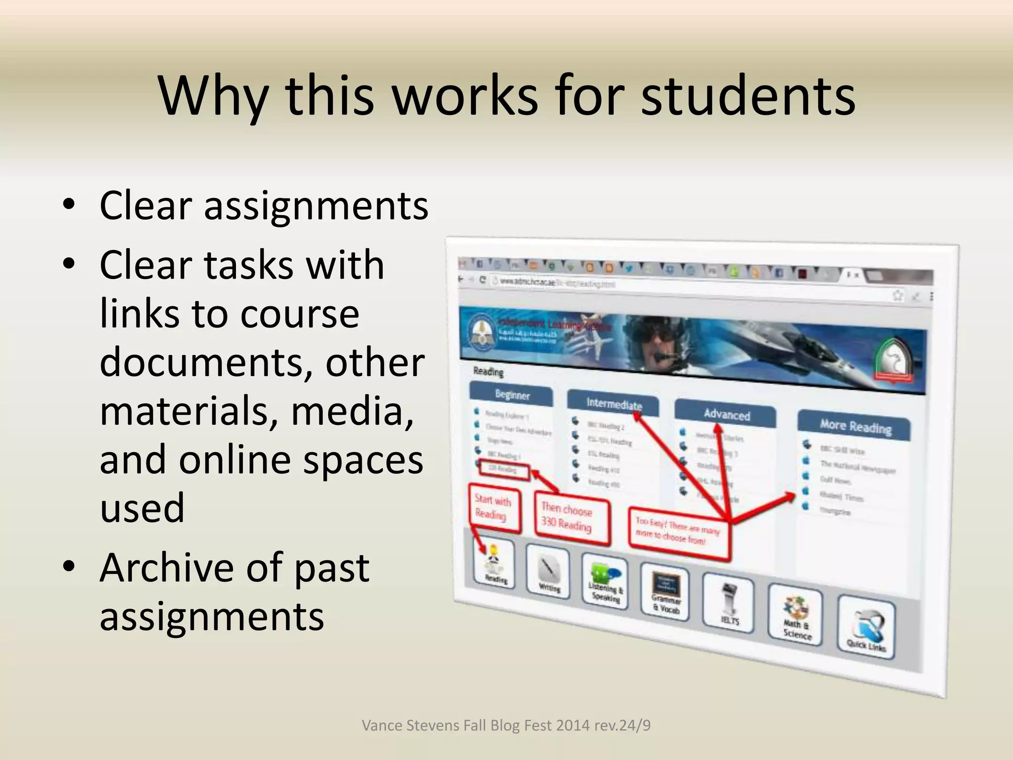 Why this works for students 
• Clear assignments 
• Clear tasks with 
links to course 
documents, other 
materials, media, 
and online spaces 
used 
• Archive of past 
assignments 
Vance Stevens Fall Blog Fest 2014 rev.24/9 
 